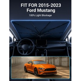 Proadsy Windshield Sun Shade Umbrella for 2015-2023 Ford Mustang Foldable Car Umbrella Sunshade with Soft TPU Handle Spring Structure Crystal Cooling Material Protect Car from Rays & Heat