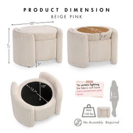 Furniture of America Lennox Modern Chenille 25-inch Round Storage Ottoman with Reversible Flip Top, Upholstered Footstool for Living Room, Bedroom, Entryway, Beige Pink