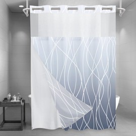 LXBNI No Hook Ombre Blue Striped Long Shower Curtain with Snap in Fabric Liner Set - Hotel Shower Curtain and Liner Set with See Through Mesh Top Window,Machine Washable, 71x86 INCH