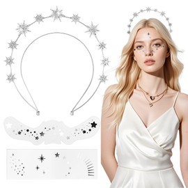 BOFUNX Headband with Star Rhinestone Hair Band Double Layer Glitter Headband + 2 Pieces Star Face Sticker Metallic Face Tattoos for Carnival Music Festival Party
