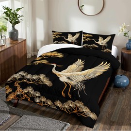 CCoutueChen Japanese Style Comforter Set King Size Black Gold Pine and Crane Bedding Set Three Dimensional Printing White Golden Bird Tree Down Comforter Ultra Soft Vintage Chinoiserie Quilt Set