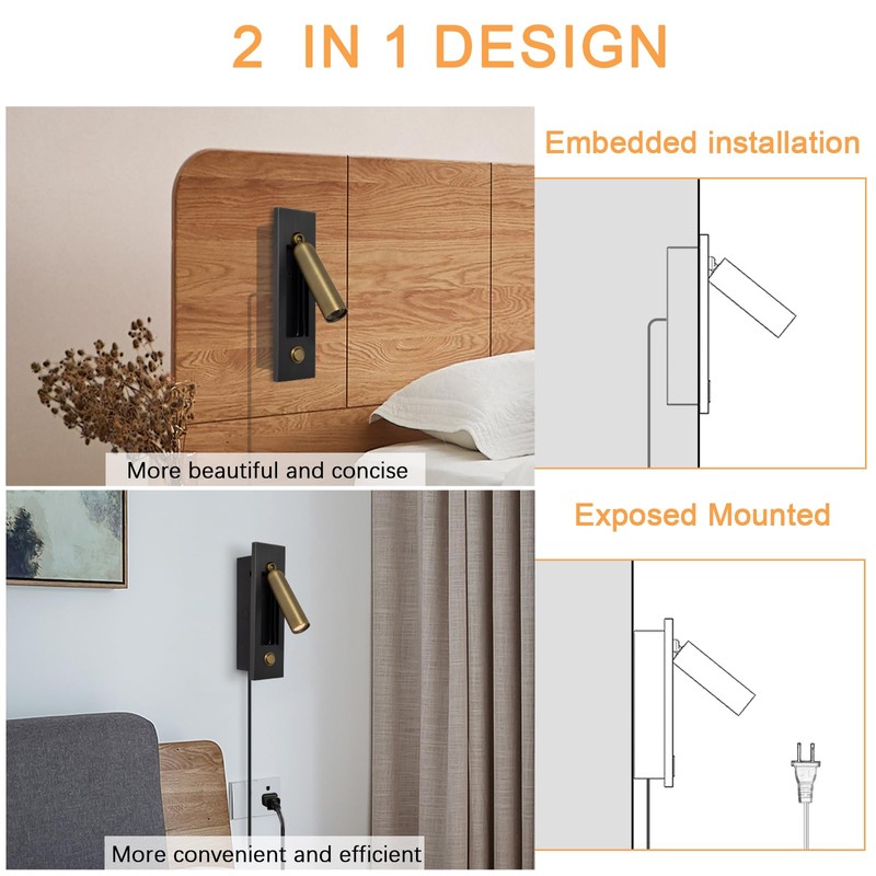 YFMYY Set of 2 Led Headboard Wall Light, 350°Rotation Portable