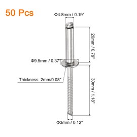 uxcell 50Pcs 3/16"x3/4" 304 Stainless Steel Dome-Head Blind Rivets, Open-End Type Blind Rivets for DIY, Sheet Metal, Automotive Repairs, Furniture, Boat, and Duct Work (Silver)