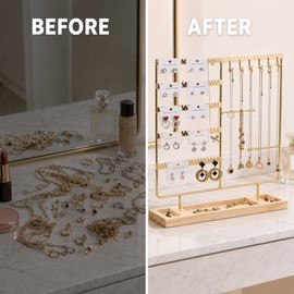 Metal Jewelry Organizer Stand with Wooden Tray, Multi-Tier Earring, Necklace, Bracelet, Watch and Ring Display Holder