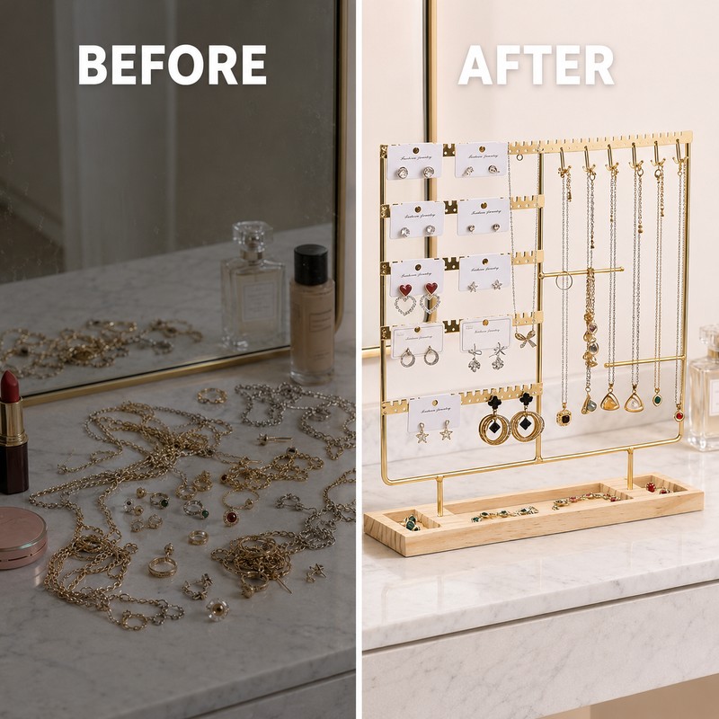 Metal Jewelry Organizer Stand with Wooden Tray, Multi-Tier Earring, Necklace,