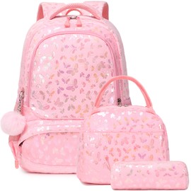 Kimwadalh Butterfly Backpack for Girls Kids Schoolbag Plush Children Backpacks Lightweight Elementary 3 in 1 School Bag Set with Lunch Bag, Pen Bag