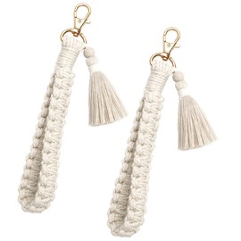 CHUQING Keyring Woman Macrame Handmade Bracelet Tassel Anyards for Keys, Car Keys, White