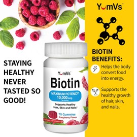Biotin 10000 mcg Maximum Potency Gummies by YumVs | for Adults Women & Men | Hair, Skin & Nails Support | Natural Raspberry Flavor - 70 Count