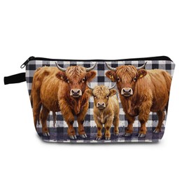 YULUENZE Checkered Highland Cattle Makeup Bag Cute Small Organizer Bag with Zipper Checkered Highland Cattle Cosmetic Bag Aesthetic Birthday Present for Women Friends -1
