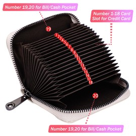 Linno RFID 20 Card Slots Credit Card Holder Genuine Leather Small Card Case for Women or Men Accordion Wallet with Zipper (beige)