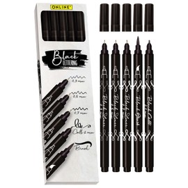 Online Black Hand Lettering Set | 5 Calligraphy Pens in Black | with Brush Pen, Fineliner Tip and Calligraphy Tip | Ink Pens for Bullet Journal, Sketch Notes, School Notes & DIY Gifts