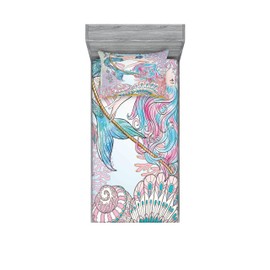 Ambesonne Mermaid Fitted Sheet & Pillow Sham Set, Cartoon Woman in Sea Sirens of Greek Myth Female Human Tail of Fish Image, Decorative Printed 2 Piece Bedding Decor Set, Twinxl, Pink Navy