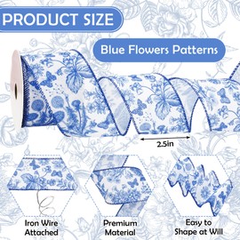 JarThenaAMCS Spring Floral Wired Edge Ribbon Blue and White Flower Craft Ribbon Chinoiserie Fabric Ribbon for Wreath Bow DIY Wrapping Party Decor, 12 Yard