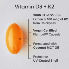 Vitamin D3 K2 - 5000iu of Vegan D3 & 100mcg of Vitamin K2 as MK7 - 60 Softgels