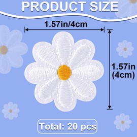 PAGOW 20 Pcs Flower Iron on Patches, Cute Daisy Flower Applique Patch, Sew On Embroidered Applique Sewing Patches for Bags, Jackets, Jeans, Clothes DIY Patches, 1.57x1.57inch (W*H) - White