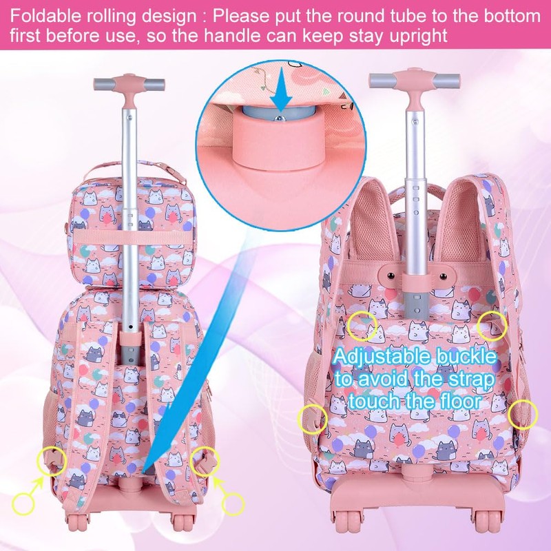 Girls Rolling Backpack, 3PCS Womens Roller Bookbag with Lunch Bag