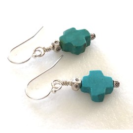 Petite Turquoise Cross Earrings, Primitive Turquoise Cross, Genuine Turquoise, Karen Hill Tribe Fine Silver, Sterling Silver.
