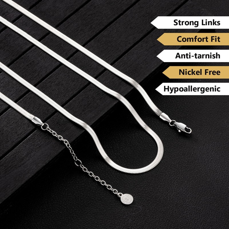 KRKC&CO Women's Snake Chain, 3 mm/5 mm Flat Franco Chain