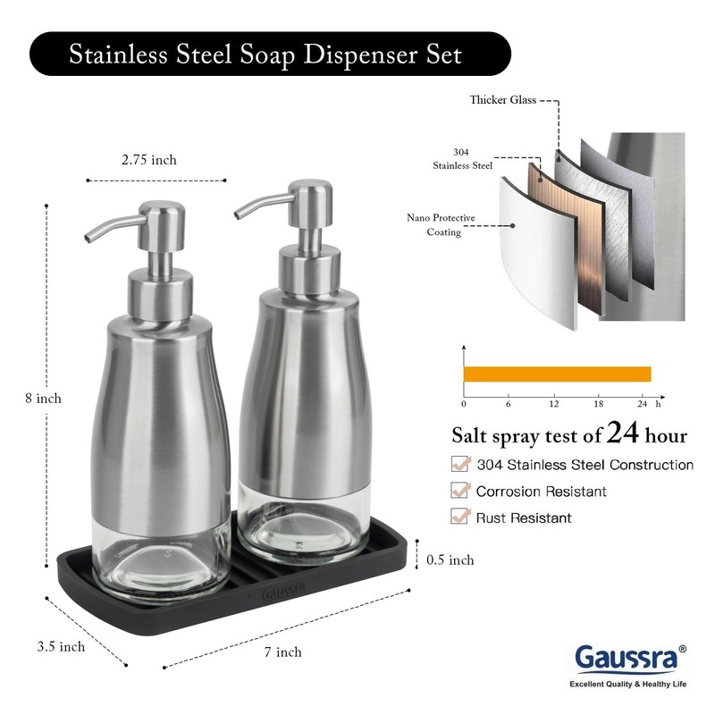 Gaussra Kitchen Soap Dispenser Set with Silicone Tray and Stickers