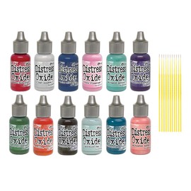 Ranger Distress Oxide Bundles - 12 Water-Reactive Distress Oxide Ink Colors 0.5 fl oz Bottles - with Trebbies Detail Sticks (Set 6-12 Coordinating Reinkers)