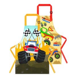 WERNNSAI 2 Stück LKW Kinder-Schürzen für Jungen - Verstellbare und Wasserdichte Kinderschürze mit Taschen für Jungen im Alter 6-10 Jahren, Ideal für Küche Kochen Backen Malerei und Party