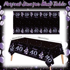 Ganeen 3 Pack 40th Birthday Tablecloth Purple Black Happy 40th Birthday Decorations Disposable Plastic Rectangular Table Cover for Party Supplies Women Men, 108 x 54 Inch
