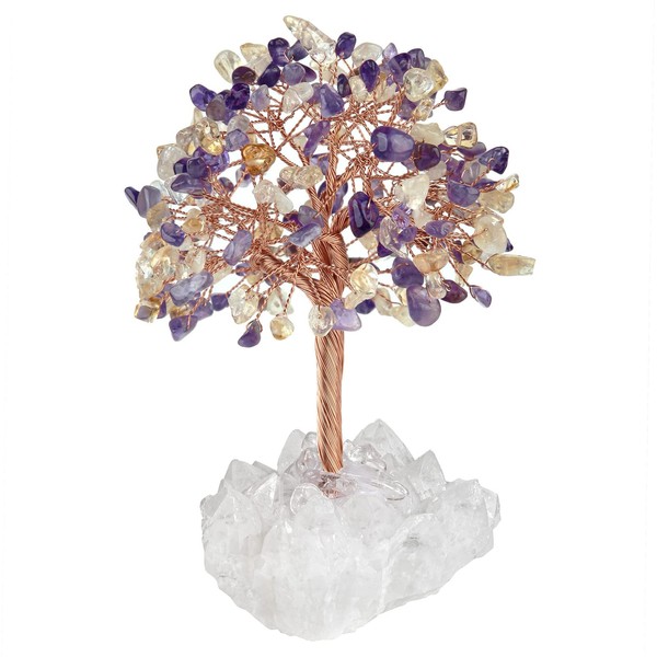Nupuyai Amethyst & Citrine Crystal Money Tree with Rock Crystal Cluster Base, Lucky Fengshui Figure Spiritual Healing Stone Tree Ornament for Home Office Decor