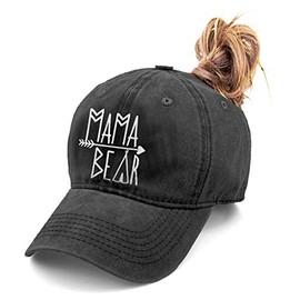 Unisex Mama Bear Denim Hat Adjustable Washed Dyed Cotton Dad Baseball Caps (Ponytail Black, One Size)