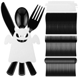 25 Set Black Halloween Cutlery Set with Felt Twist Tie, Plastic Heavy Duty Silverware Color Disposable Utensils for Party Table Supplies, Forks Knives Spoons Each 25pcs