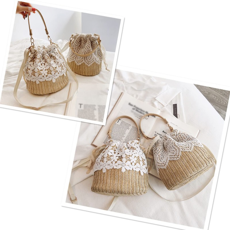 Anopo Straw Bag Shoulder Bag Wicker Women Bag Lace String