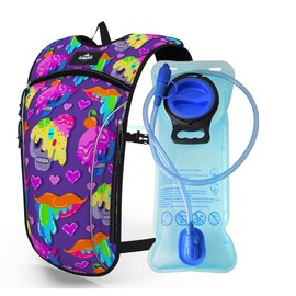 Light Weight Hydration Backpack - 2L Bladder Included - Great for Festivals, Backpacking, Hiking, Mountain Biking, Outdoors Activities. (Skullz)