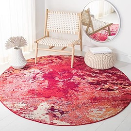 SAFAVIEH Madison Collection 6'7" Round Red/Ivory MAD440Q Modern Boho Abstract Non-Shedding Living Room Bedroom Area Rug