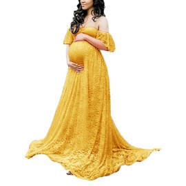 Maternity Photography Props Floral Lace Dress Fancy Pregnancy Gown for Baby Shower Photo Shoot (M, Mustard)
