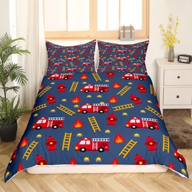 Children's Fire Engine Bed Linen Sets 135 x 200 cm Red Fireman Car Cover, Cartoon Car Bed Fire Brigade Vehicle Duvet Cover, Navy Red Orange Yellow Quilt Cover Breathable (Zip Closure)