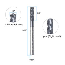 sourcing map Ball Nose End Mill CNC Router Bit, 1/16" Radius 1/8" Shank Solid Carbide AlTiN Coated Upcut Spiral 4 Flutes Cutter Milling Tool, 1/8" Dia 1-1/2" Total Length