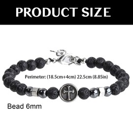 QOWIJEX Men's Bracelet with Cross Pearl Bracelet with Black 6 mm Lava Stone Gift for Men Made of Real Natural Stones
