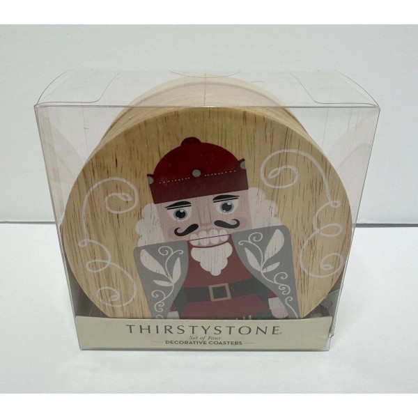 Thirstystone Christmas Holiday Nutcracker Acacia Wood Coasters, New Set of