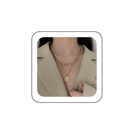 Inateannal Layered Cuban Chain Necklace Chunky Link Choker Necklace Gold Coin Disc Pendant Necklace Punk Cuban Link Curb Necklace Vintage Medallion Coin Necklace Chain