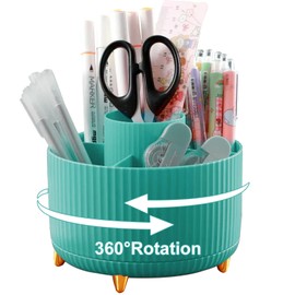 Lenfuos Desk Organiser, 360 Degree Rotating Office Organiser, Pen Holder, 5 Sorting Compartments for Pens, Stapler, Folder Clips, Sticky Notes, Space Saving Desk Organiser (Blue)