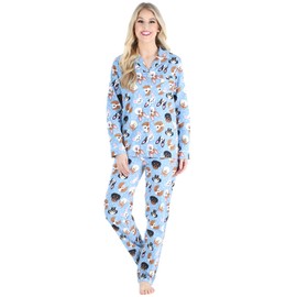 PajamaMania Women's Cotton Flannel Long Sleeve Button-Down Pajamas PJ Set, Blue Dogs, X-Small