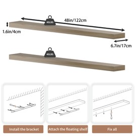 ONOTETUT Long Floating Shelves for Wall,Solid Wood Long Shelves Set of 2,Rustic Wall Mounted Shelves with Invisible Brackets for Decor & Storage (Natural, 48 Inch)