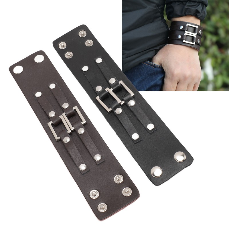 2pcs Wide PU Leather Bracelet Wrist Cuffs Punk Cuff Bracelet