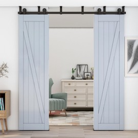 AONAYIOA 7FT Ceiling Mount Bracket Sliding Barn Door Hardware Kit Black,Strong Bearing, Low Ceiling L-Shape Bracket System Heavy, Sturdy, Durable, Quiet, No Door Double Door（T Shaped）