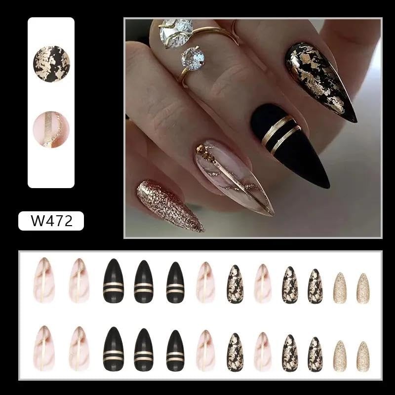 Luxury Stiletto Press On Nails, Black and Gold Marble Design