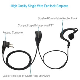 2 Pack Single Wire Earhook Earpiece with Reinforced Cable for Motorola Radios CLS1410 CLS1110 BRP40 CP200 CP200D CP185 DTR650 RDU2020 RDU4100 RDU4160D RDU2080D RMU2040 RMU2080D CLS, G Shape Headset