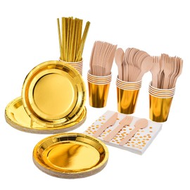 YAOSHENG 8 piece set of party tableware, gold dot party tableware set, paper cup, paper tray, tissue, straw, knife fork spoon combination (gold, w045)