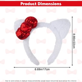 JazSwirl Plush Cat Ears Headband, White Cat Ear Headbands with Red Bow, Fuzzy Animal Ears Headband, Soft Cat Headbands for Women, Fluffy Cat Ear (Red Sequins, 1)