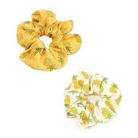 2Pcs Summer Chiffon Satin Scrunchies for Women Hair Accessories,Yellow White Pienapple Print Satin Hair Scrunchies for Thick Curly Hair Elastics Ties Ponytail Holder for Women Girls Gifts