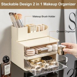 DASITON Makeup Organizer for Vanity with 2 Drawers, Stackable Cosmetic Organizer with Makeup Brush Holder, Plastic Bathroom Organizer Skincare Storage for Brushes, Eyeshadow, Lotions, Lipstick (Cream)