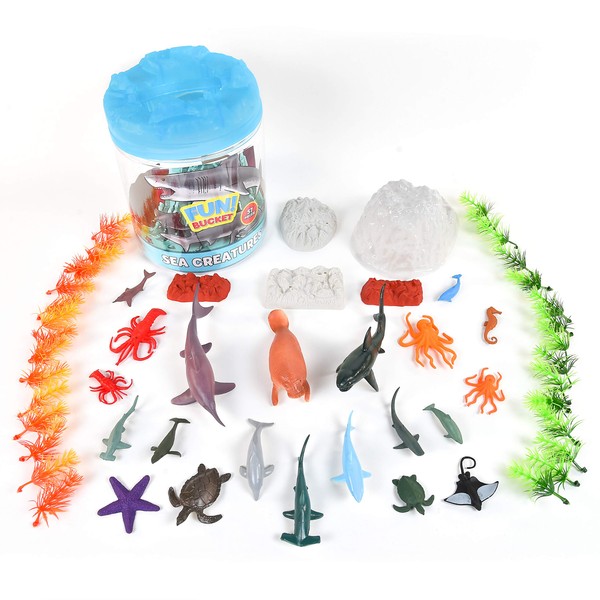 Sunny Days Entertainment Sea Creature Bucket – 56 Piece Toy Play Set for Kids | Aquatic Animals Plastic Figures Playset with Storage Bucket